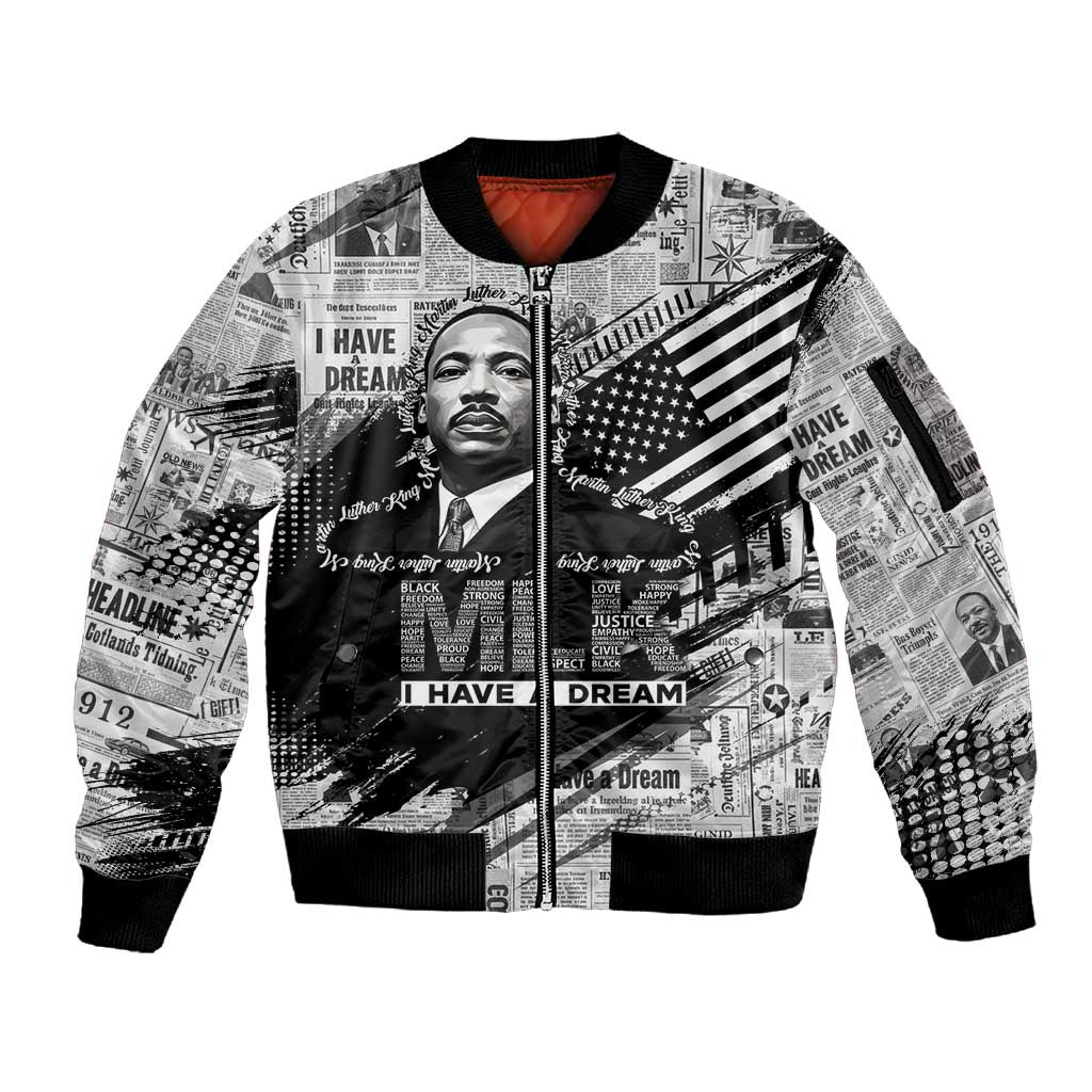 I Have A Dream MLK Sleeve Zip Bomber Jacket Newspaper Grunge Style - Wonder Print Shop