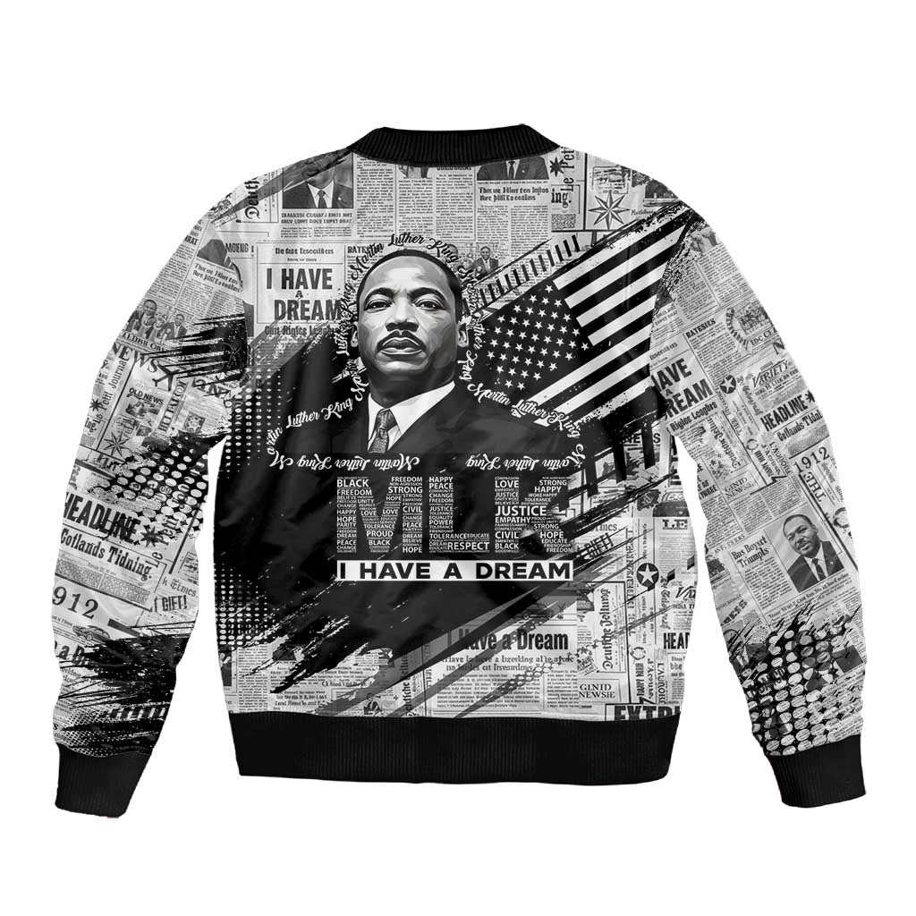 I Have A Dream MLK Sleeve Zip Bomber Jacket Newspaper Grunge Style - Wonder Print Shop