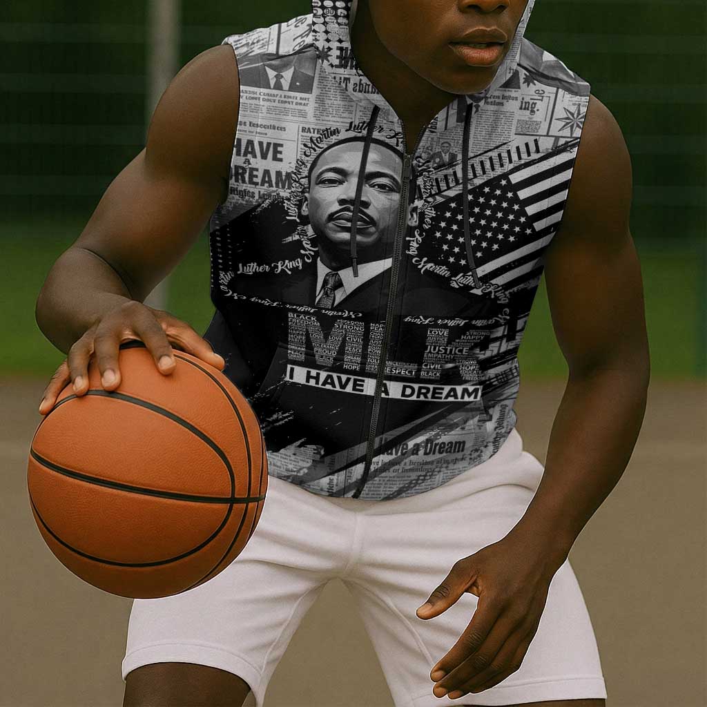 I Have A Dream MLK Sleeveless Zip Hoodie Newspaper Grunge Style - Wonder Print Shop