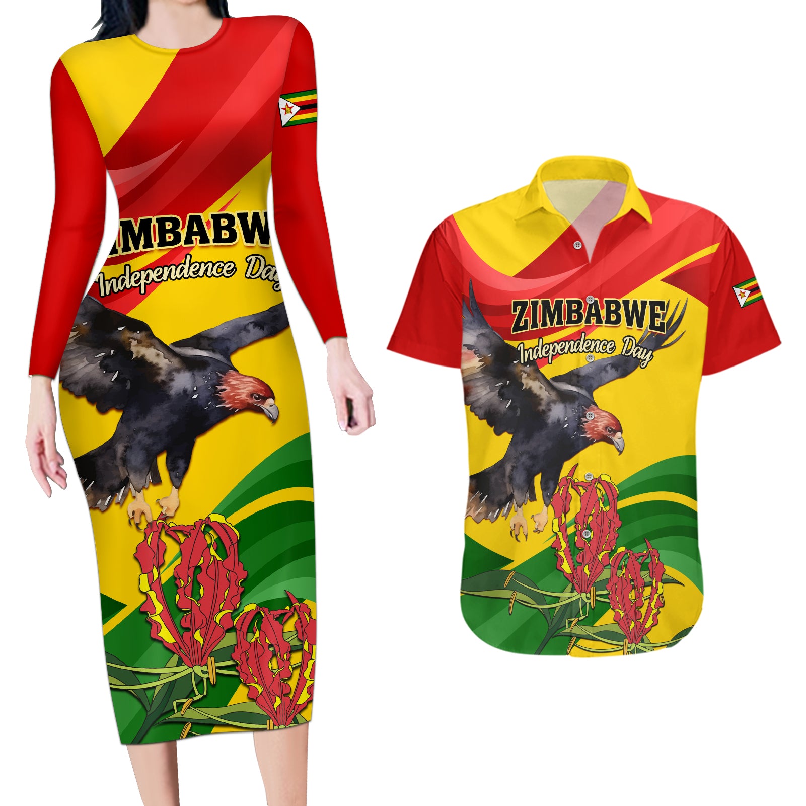 Zimbabwe Independence Day Couples Matching Long Sleeve Bodycon Dress and Hawaiian Shirt Chapungu Bird With Flame Lily