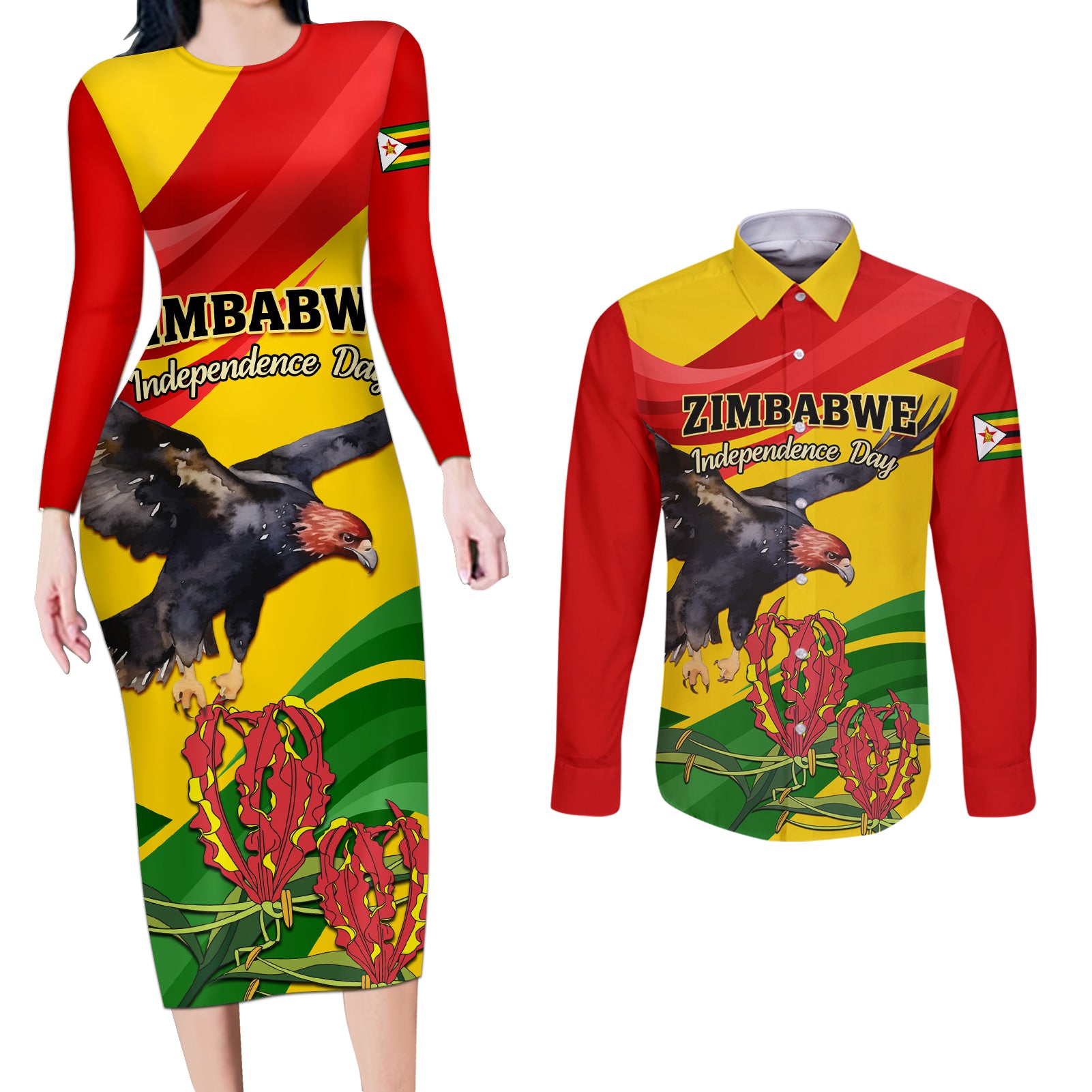 Zimbabwe Independence Day Couples Matching Long Sleeve Bodycon Dress and Long Sleeve Button Shirt Chapungu Bird With Flame Lily