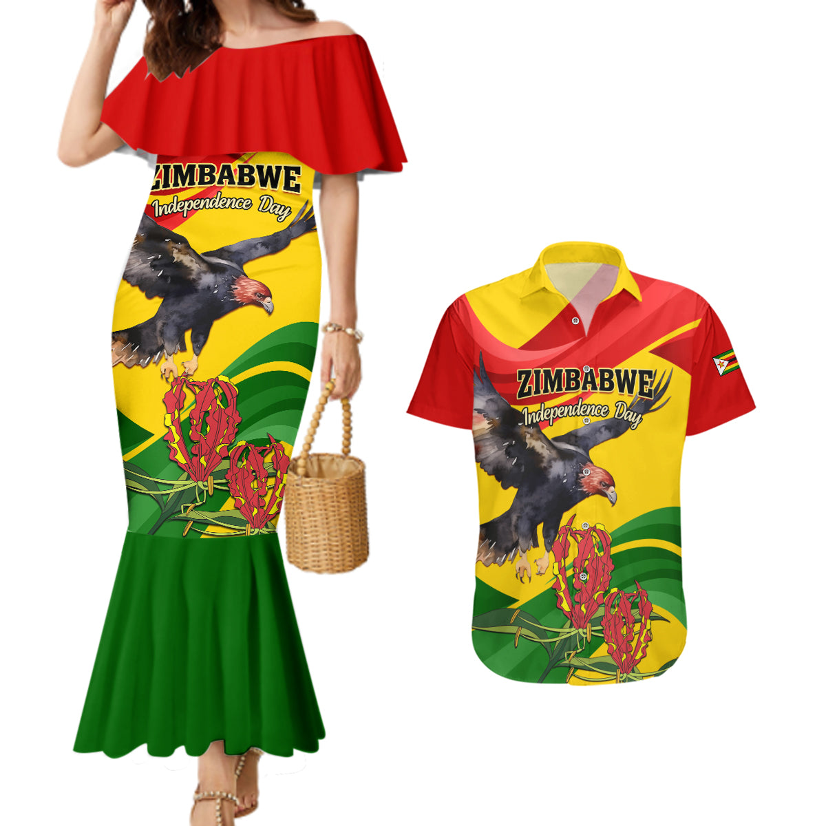 Zimbabwe Independence Day Couples Matching Mermaid Dress and Hawaiian Shirt Chapungu Bird With Flame Lily