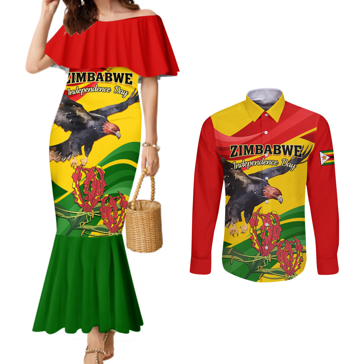 Zimbabwe Independence Day Couples Matching Mermaid Dress and Long Sleeve Button Shirt Chapungu Bird With Flame Lily