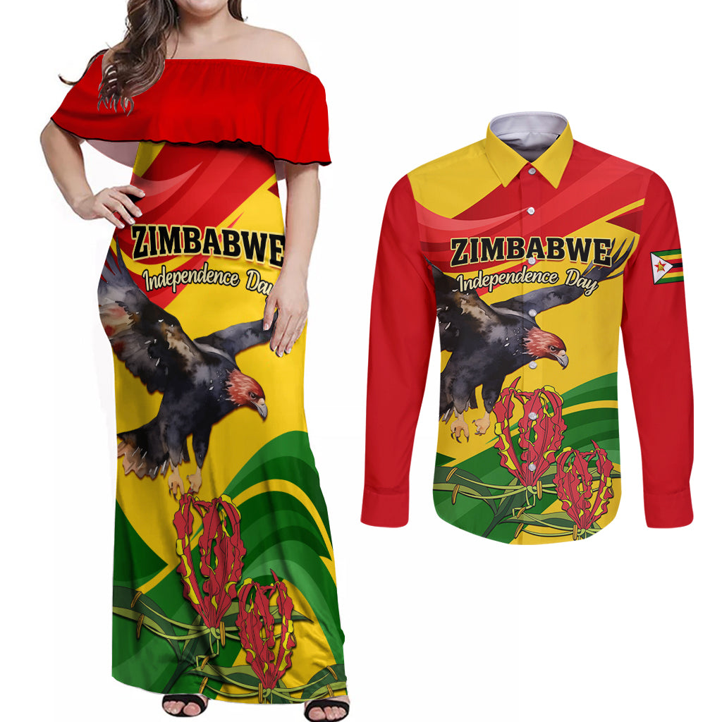 Zimbabwe Independence Day Couples Matching Off Shoulder Maxi Dress and Long Sleeve Button Shirt Chapungu Bird With Flame Lily