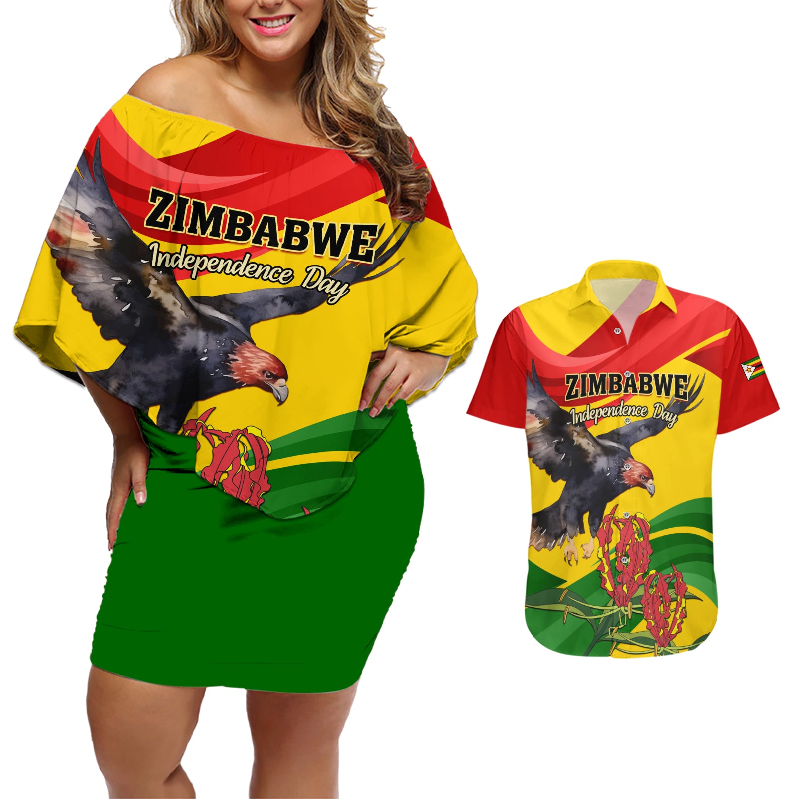 Zimbabwe Independence Day Couples Matching Off Shoulder Short Dress and Hawaiian Shirt Chapungu Bird With Flame Lily