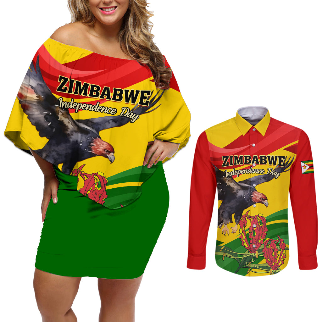 Zimbabwe Independence Day Couples Matching Off Shoulder Short Dress and Long Sleeve Button Shirt Chapungu Bird With Flame Lily