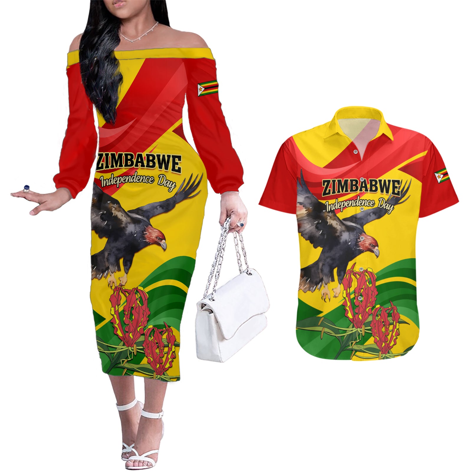 Zimbabwe Independence Day Couples Matching Off The Shoulder Long Sleeve Dress and Hawaiian Shirt Chapungu Bird With Flame Lily