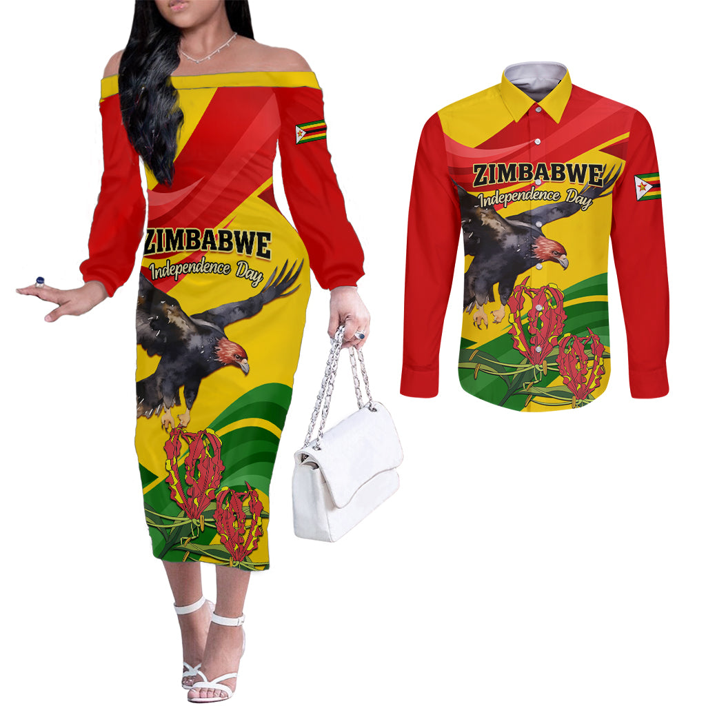 Zimbabwe Independence Day Couples Matching Off The Shoulder Long Sleeve Dress and Long Sleeve Button Shirt Chapungu Bird With Flame Lily