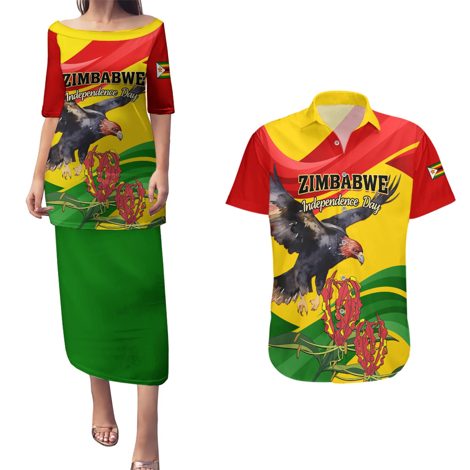 Zimbabwe Independence Day Couples Matching Puletasi and Hawaiian Shirt Chapungu Bird With Flame Lily
