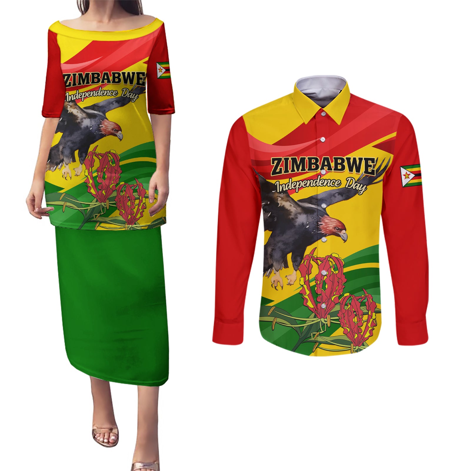 Zimbabwe Independence Day Couples Matching Puletasi and Long Sleeve Button Shirt Chapungu Bird With Flame Lily