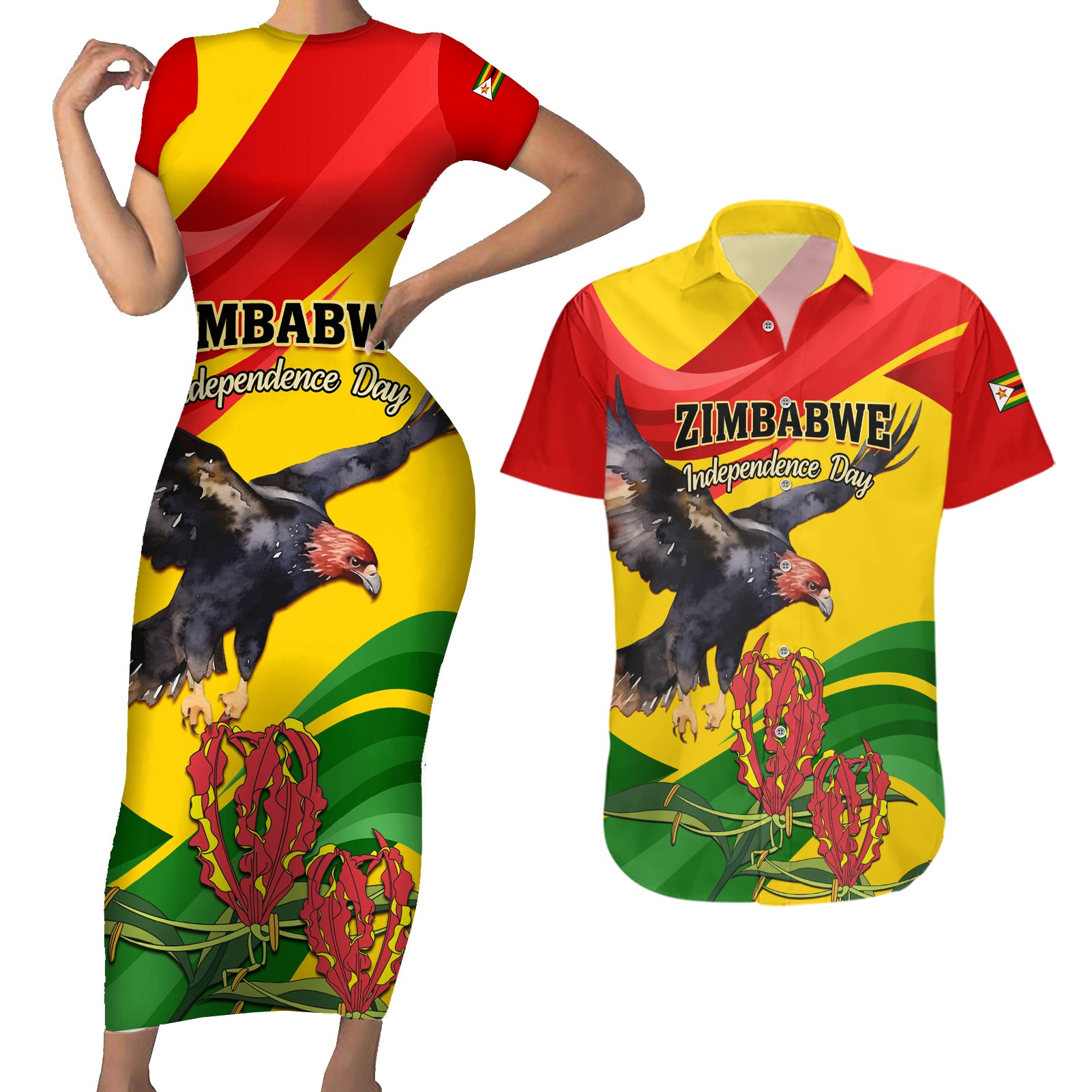 Zimbabwe Independence Day Couples Matching Short Sleeve Bodycon Dress and Hawaiian Shirt Chapungu Bird With Flame Lily