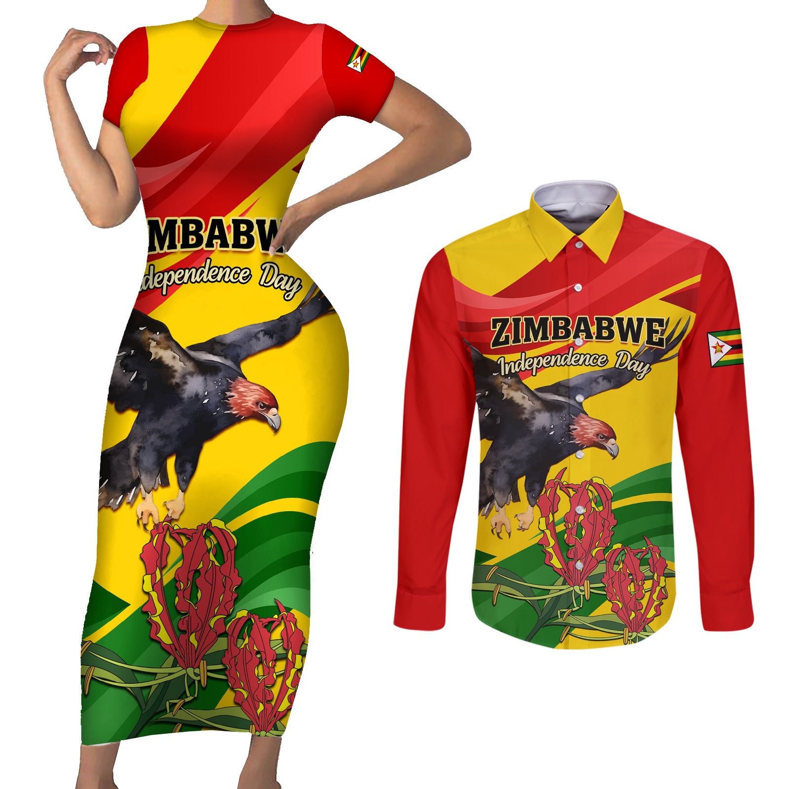 Zimbabwe Independence Day Couples Matching Short Sleeve Bodycon Dress and Long Sleeve Button Shirt Chapungu Bird With Flame Lily