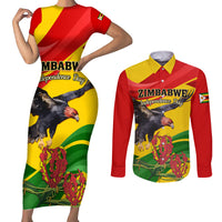 Zimbabwe Independence Day Couples Matching Short Sleeve Bodycon Dress and Long Sleeve Button Shirt Chapungu Bird With Flame Lily - Wonder Print Shop