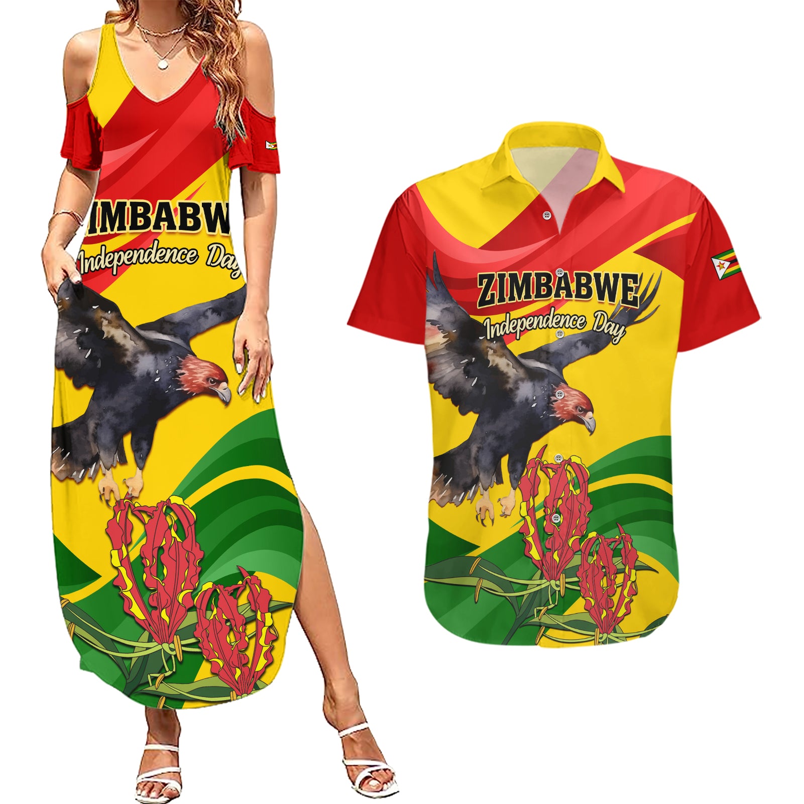 Zimbabwe Independence Day Couples Matching Summer Maxi Dress and Hawaiian Shirt Chapungu Bird With Flame Lily