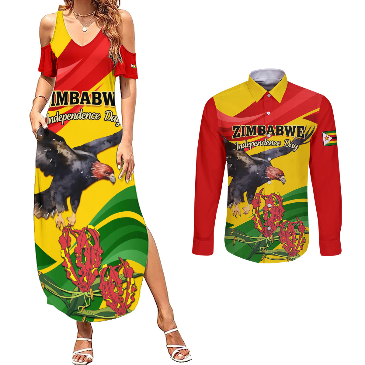 Zimbabwe Independence Day Couples Matching Summer Maxi Dress and Long Sleeve Button Shirt Chapungu Bird With Flame Lily