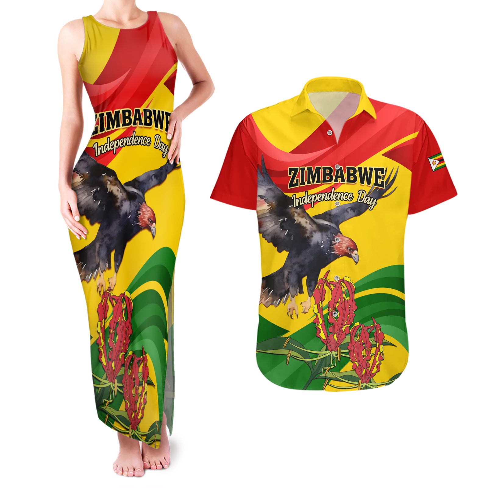 Zimbabwe Independence Day Couples Matching Tank Maxi Dress and Hawaiian Shirt Chapungu Bird With Flame Lily