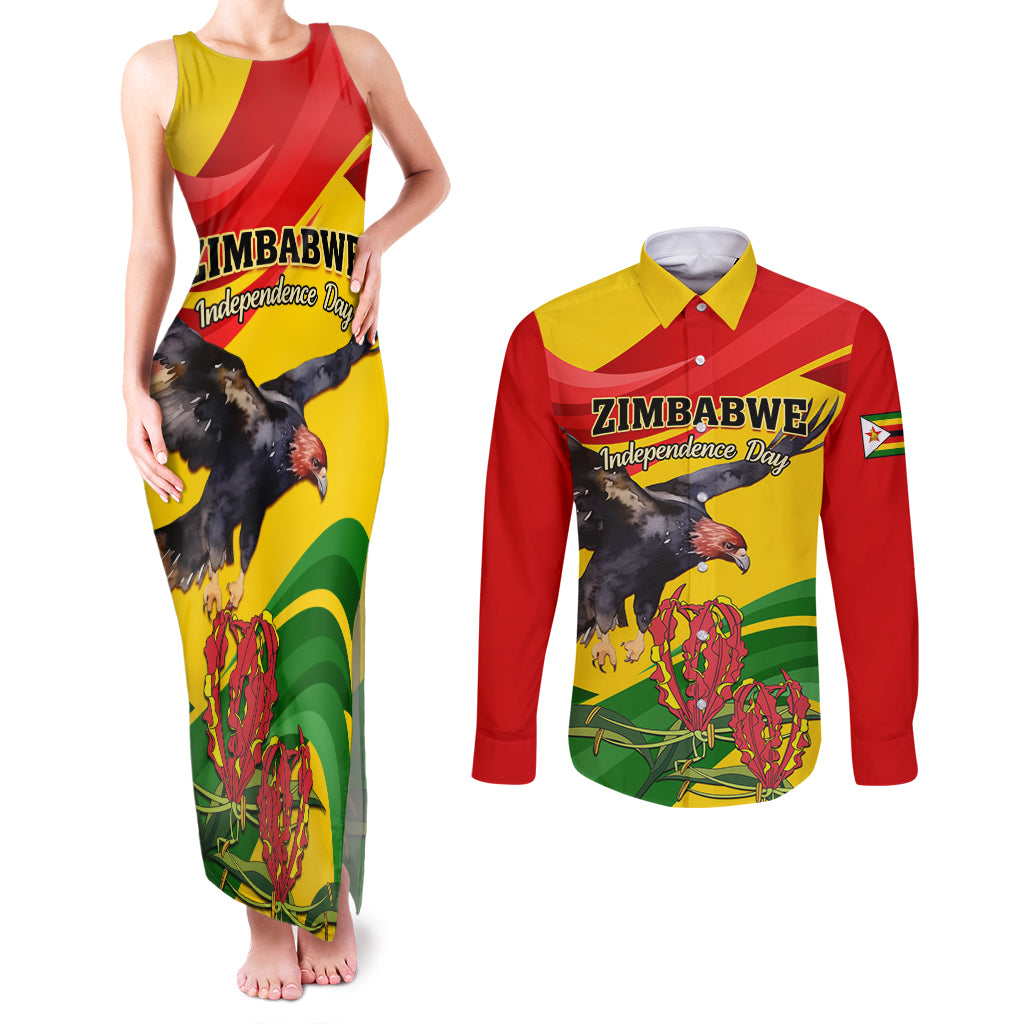 Zimbabwe Independence Day Couples Matching Tank Maxi Dress and Long Sleeve Button Shirt Chapungu Bird With Flame Lily