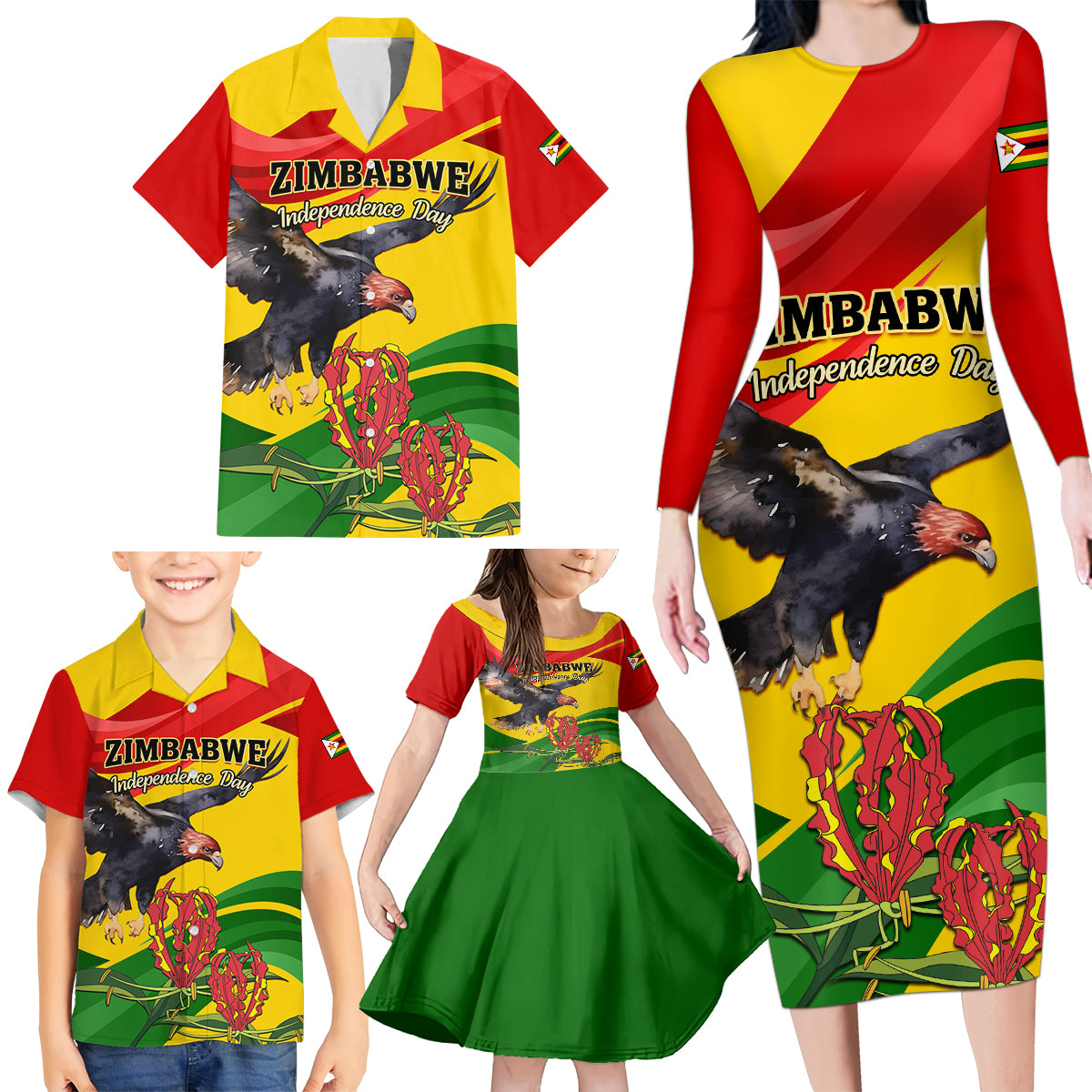 Zimbabwe Independence Day Family Matching Long Sleeve Bodycon Dress and Hawaiian Shirt Chapungu Bird With Flame Lily