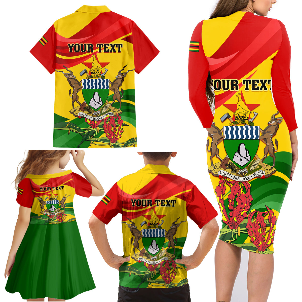 Zimbabwe Independence Day Family Matching Long Sleeve Bodycon Dress and Hawaiian Shirt Chapungu Bird With Flame Lily - Wonder Print Shop