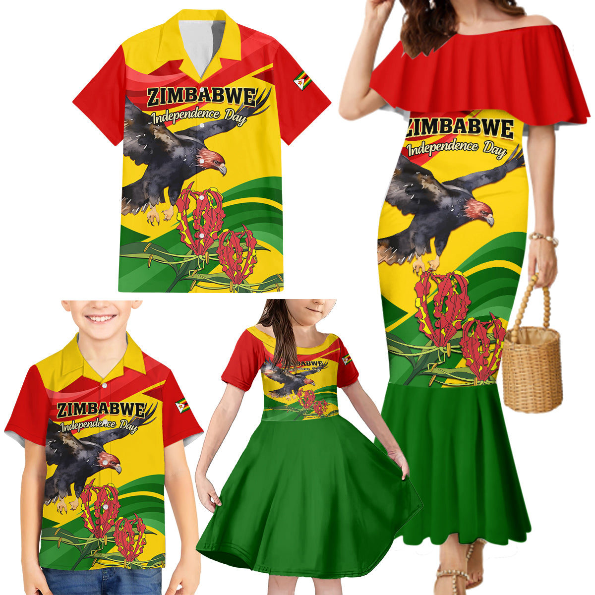 Zimbabwe Independence Day Family Matching Mermaid Dress and Hawaiian Shirt Chapungu Bird With Flame Lily