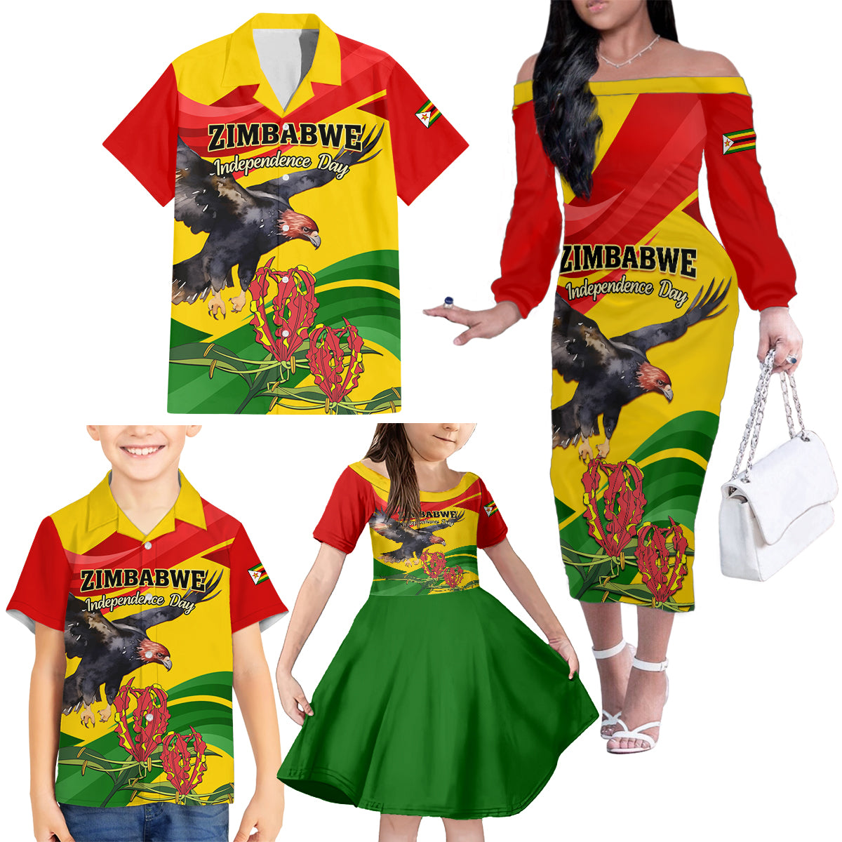 Zimbabwe Independence Day Family Matching Off Shoulder Long Sleeve Dress and Hawaiian Shirt Chapungu Bird With Flame Lily
