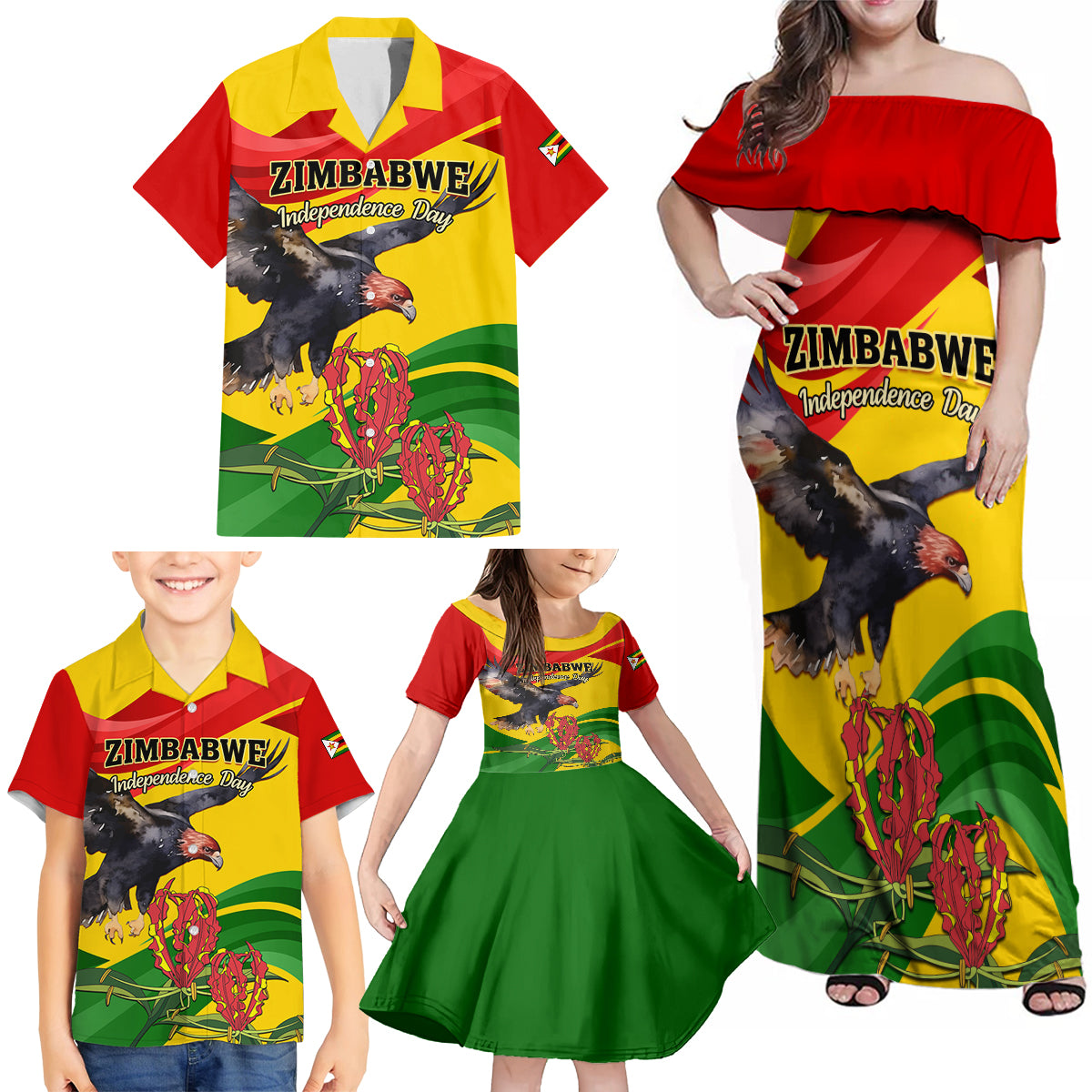 Zimbabwe Independence Day Family Matching Off Shoulder Maxi Dress and Hawaiian Shirt Chapungu Bird With Flame Lily
