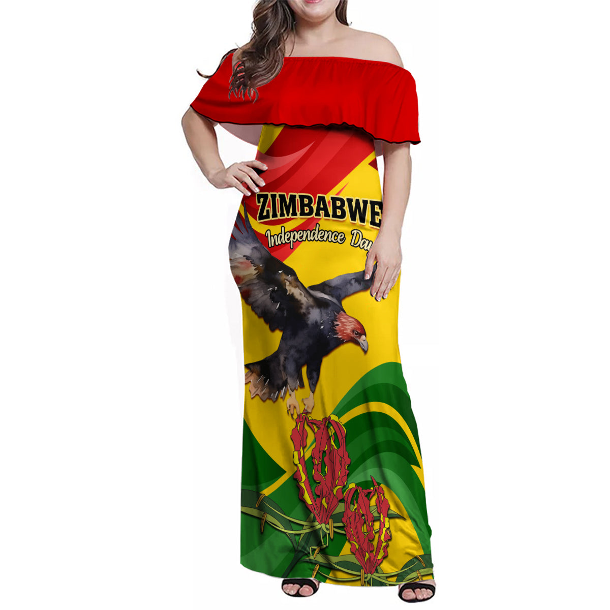 Zimbabwe Independence Day Family Matching Off Shoulder Maxi Dress and Hawaiian Shirt Chapungu Bird With Flame Lily - Wonder Print Shop