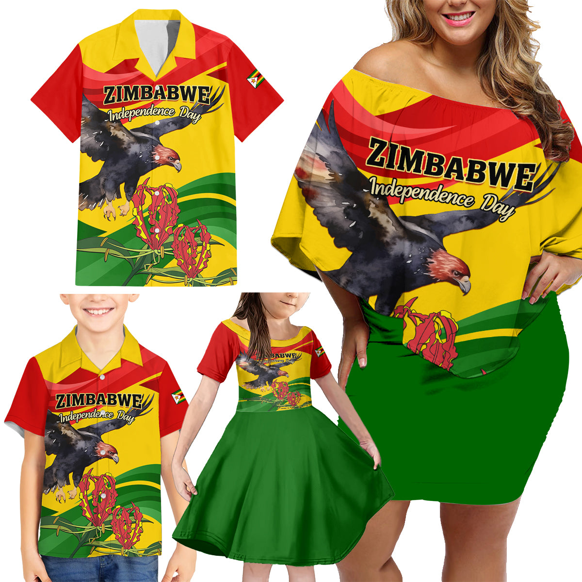 Zimbabwe Independence Day Family Matching Off Shoulder Short Dress and Hawaiian Shirt Chapungu Bird With Flame Lily