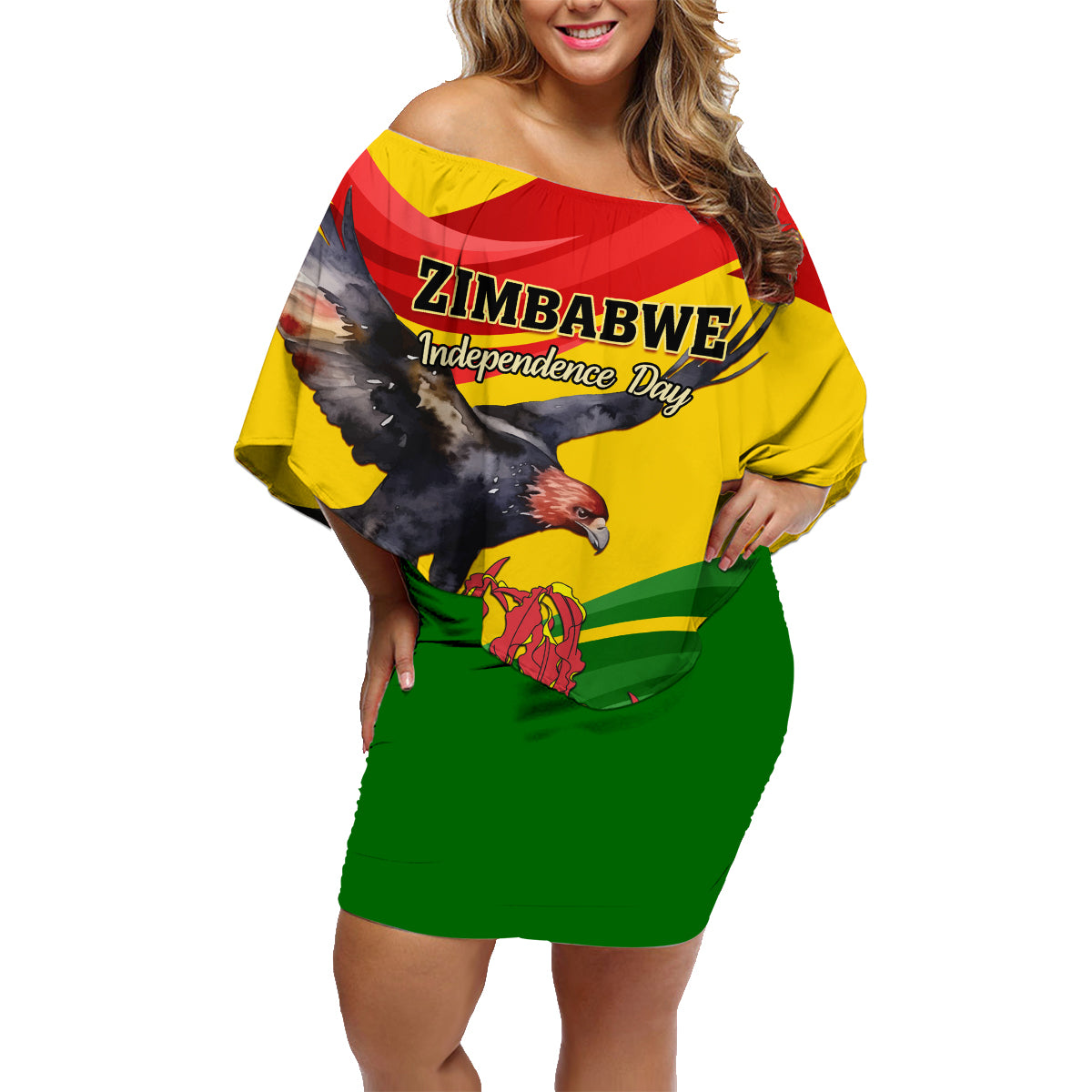 Zimbabwe Independence Day Family Matching Off Shoulder Short Dress and Hawaiian Shirt Chapungu Bird With Flame Lily - Wonder Print Shop