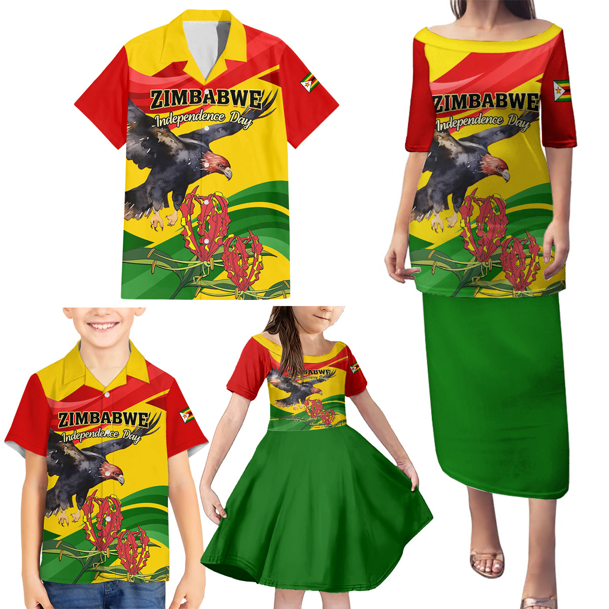 Zimbabwe Independence Day Family Matching Puletasi and Hawaiian Shirt Chapungu Bird With Flame Lily
