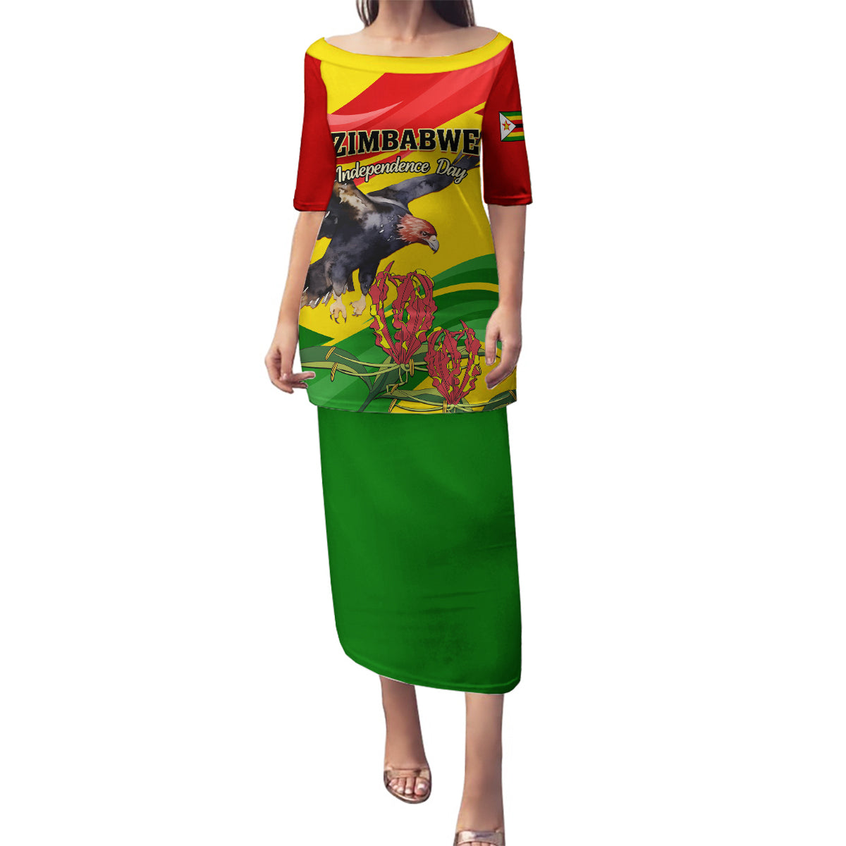 Zimbabwe Independence Day Family Matching Puletasi and Hawaiian Shirt Chapungu Bird With Flame Lily - Wonder Print Shop