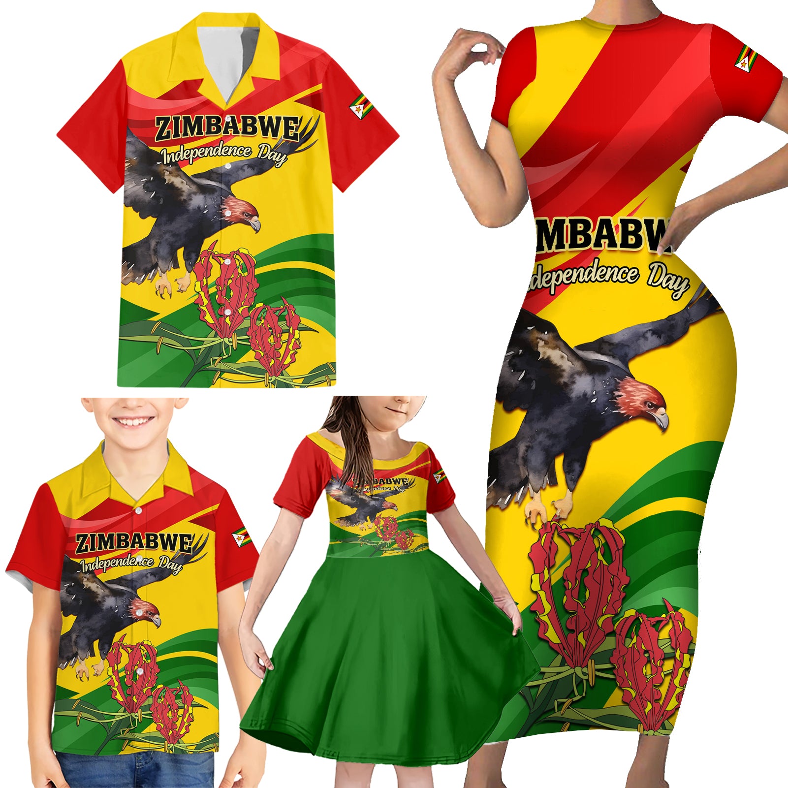 Zimbabwe Independence Day Family Matching Short Sleeve Bodycon Dress and Hawaiian Shirt Chapungu Bird With Flame Lily