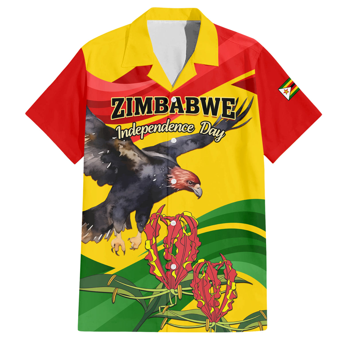 Zimbabwe Independence Day Family Matching Short Sleeve Bodycon Dress and Hawaiian Shirt Chapungu Bird With Flame Lily - Wonder Print Shop