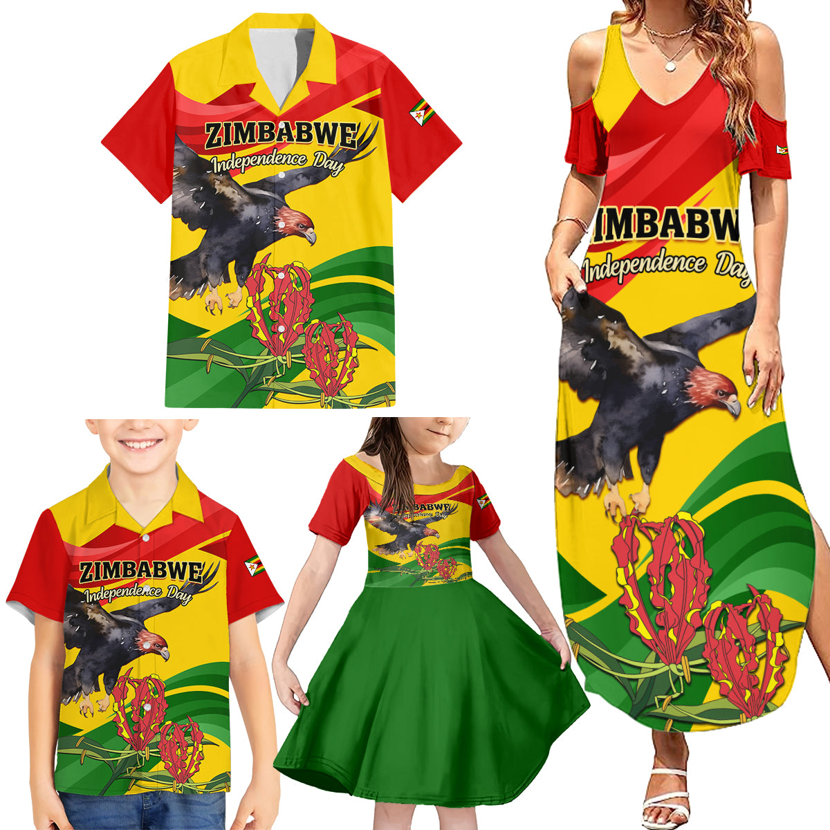 Zimbabwe Independence Day Family Matching Summer Maxi Dress and Hawaiian Shirt Chapungu Bird With Flame Lily