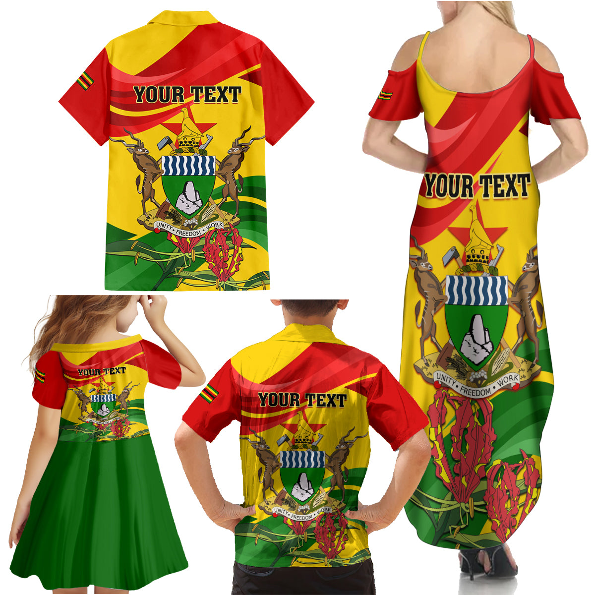 Zimbabwe Independence Day Family Matching Summer Maxi Dress and Hawaiian Shirt Chapungu Bird With Flame Lily - Wonder Print Shop