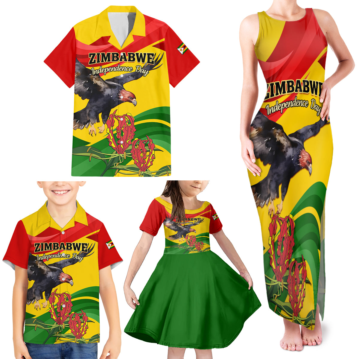 Zimbabwe Independence Day Family Matching Tank Maxi Dress and Hawaiian Shirt Chapungu Bird With Flame Lily