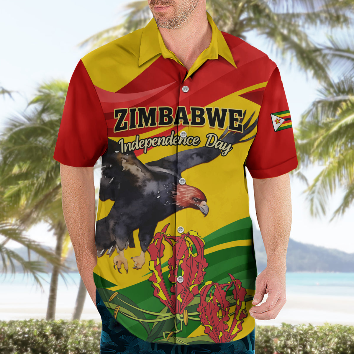 Zimbabwe Independence Day Hawaiian Shirt Chapungu Bird With Flame Lily - Wonder Print Shop
