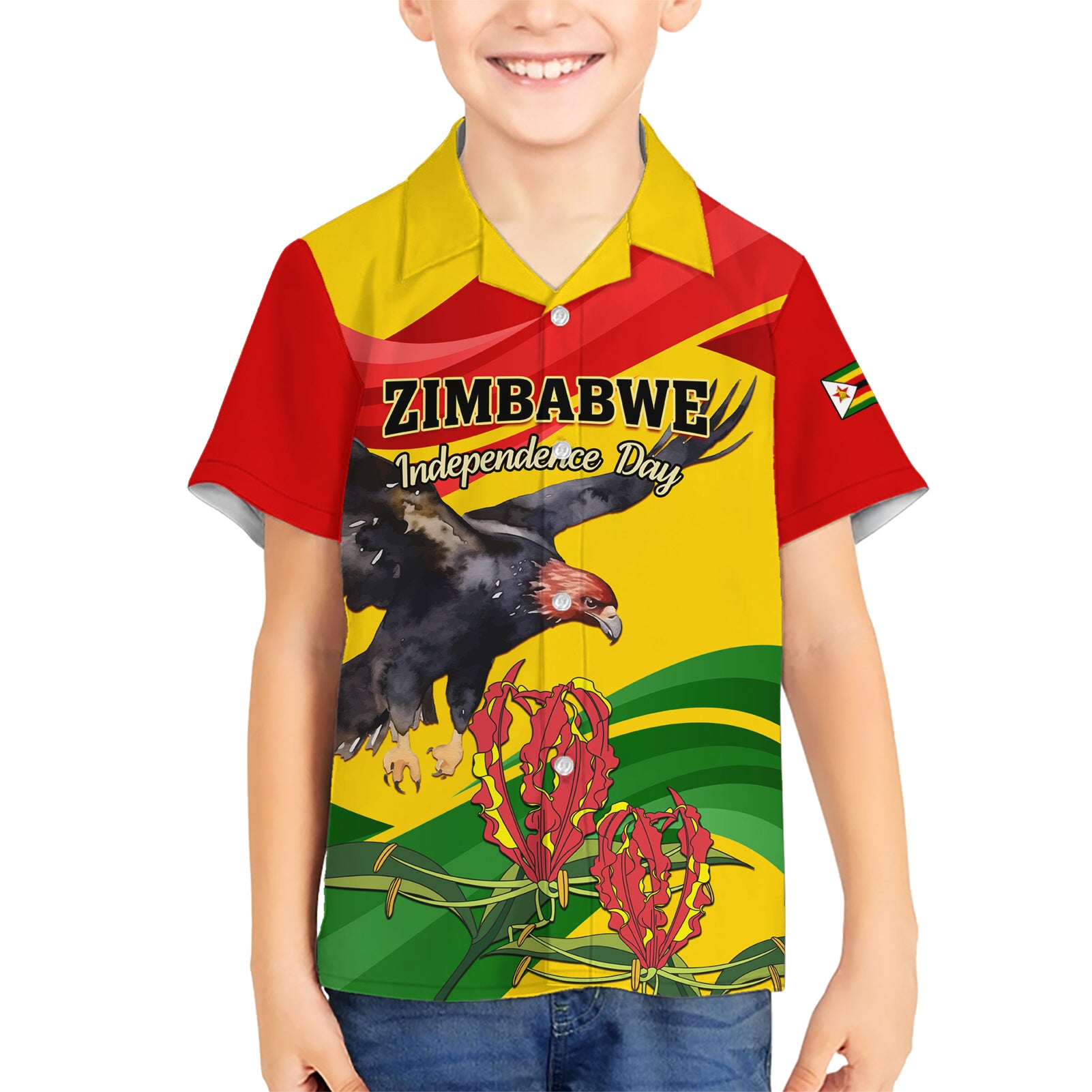 Zimbabwe Independence Day Kid Hawaiian Shirt Chapungu Bird With Flame Lily