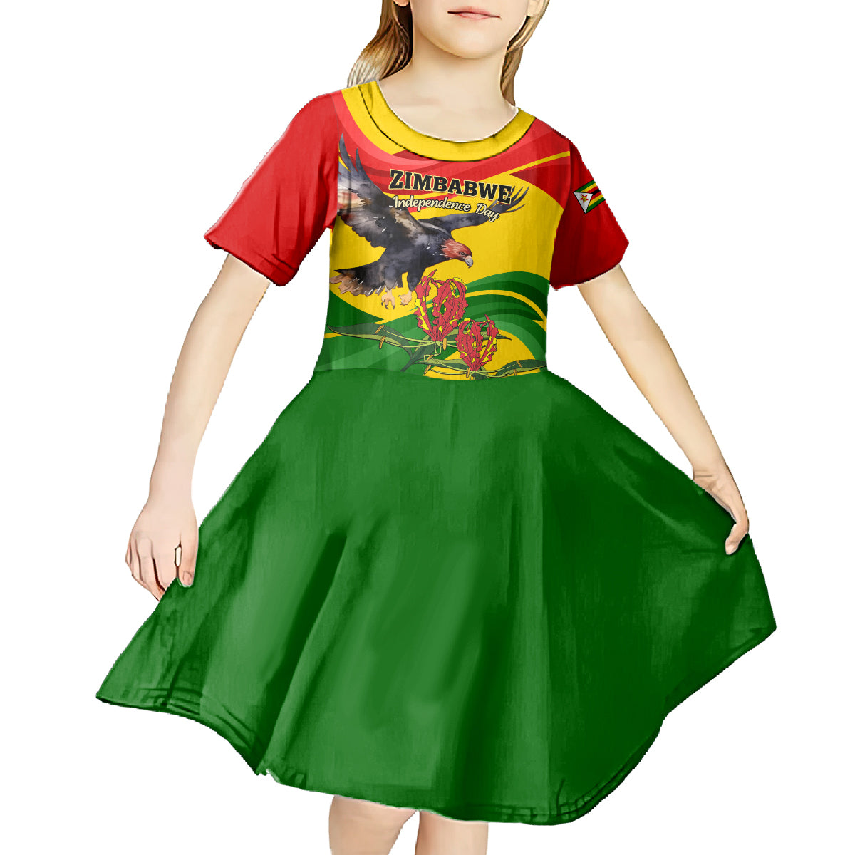 Zimbabwe Independence Day Kid Short Sleeve Dress Chapungu Bird With Flame Lily - Wonder Print Shop