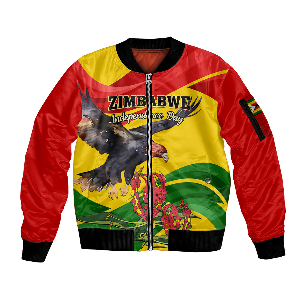 Zimbabwe Independence Day Sleeve Zip Bomber Jacket Chapungu Bird With Flame Lily - Wonder Print Shop
