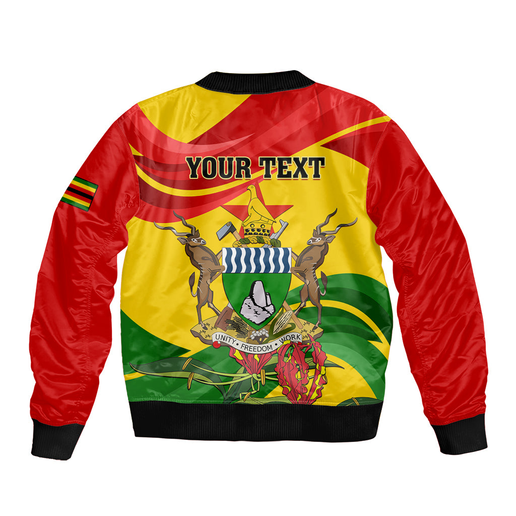 Zimbabwe Independence Day Sleeve Zip Bomber Jacket Chapungu Bird With Flame Lily - Wonder Print Shop