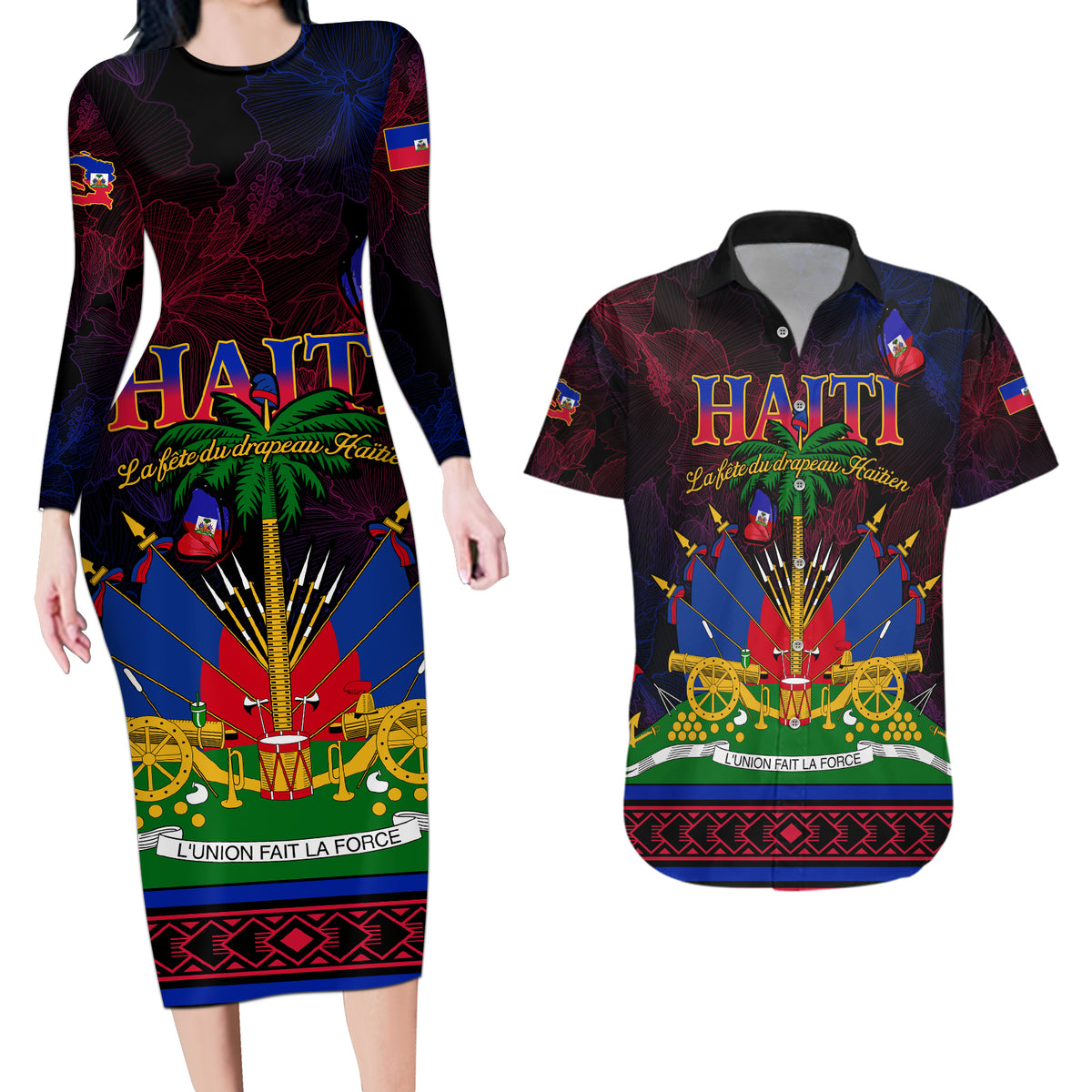 Haitian Flag Day Couples Matching Long Sleeve Bodycon Dress and Hawaiian Shirt La fete du drapeau Haitien - Wonder Print Shop