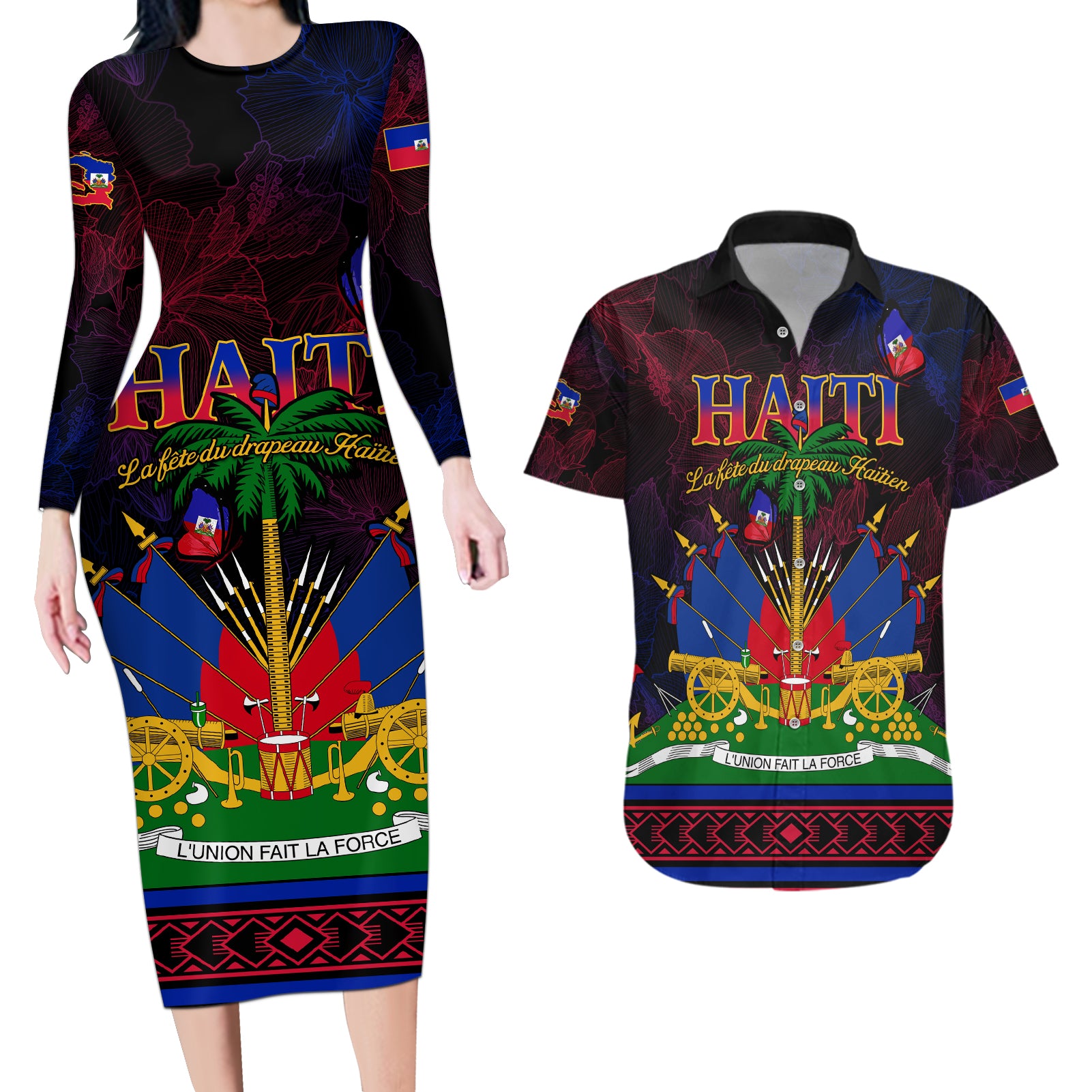 Haitian Flag Day Couples Matching Long Sleeve Bodycon Dress and Hawaiian Shirt La fete du drapeau Haitien