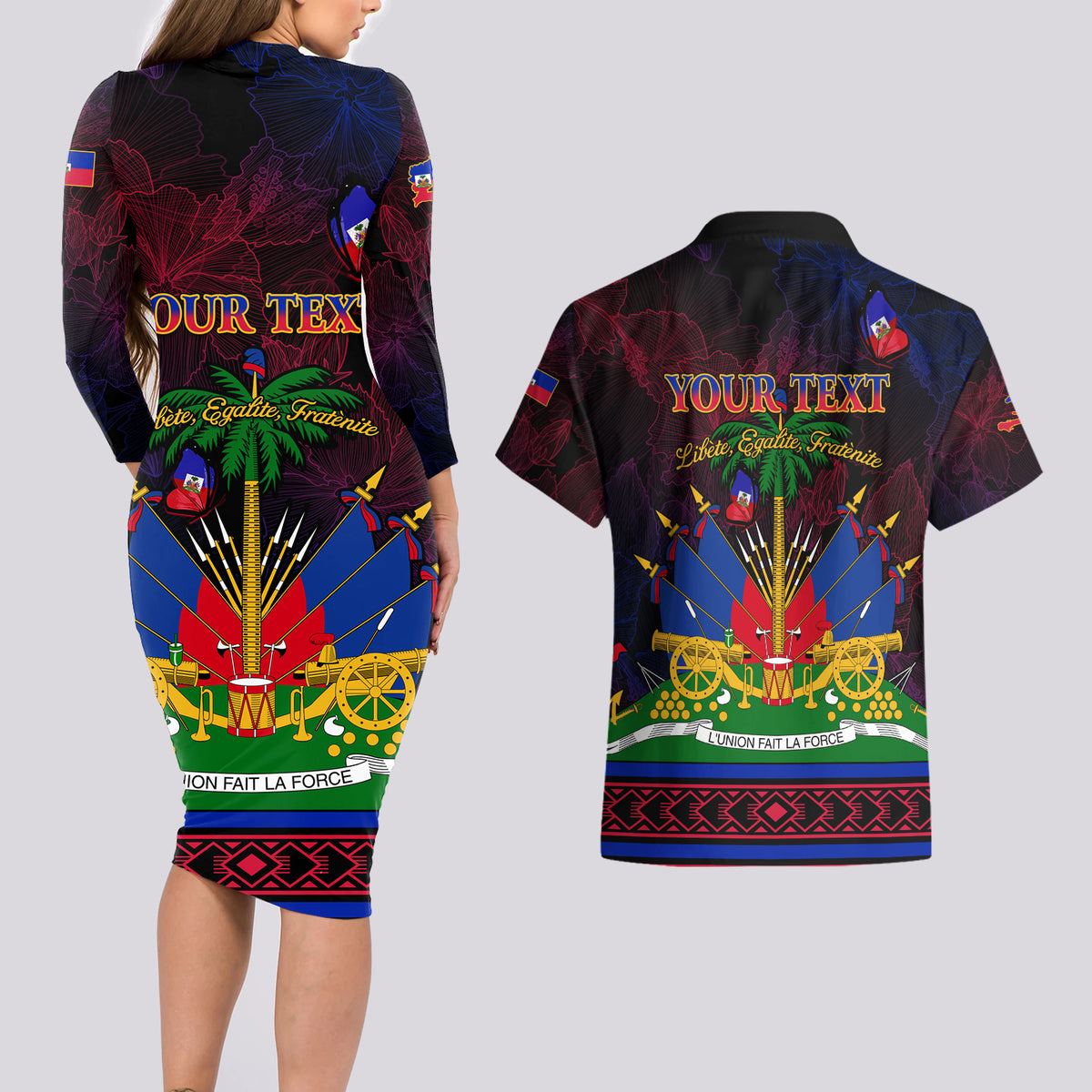 Haitian Flag Day Couples Matching Long Sleeve Bodycon Dress and Hawaiian Shirt La fete du drapeau Haitien - Wonder Print Shop