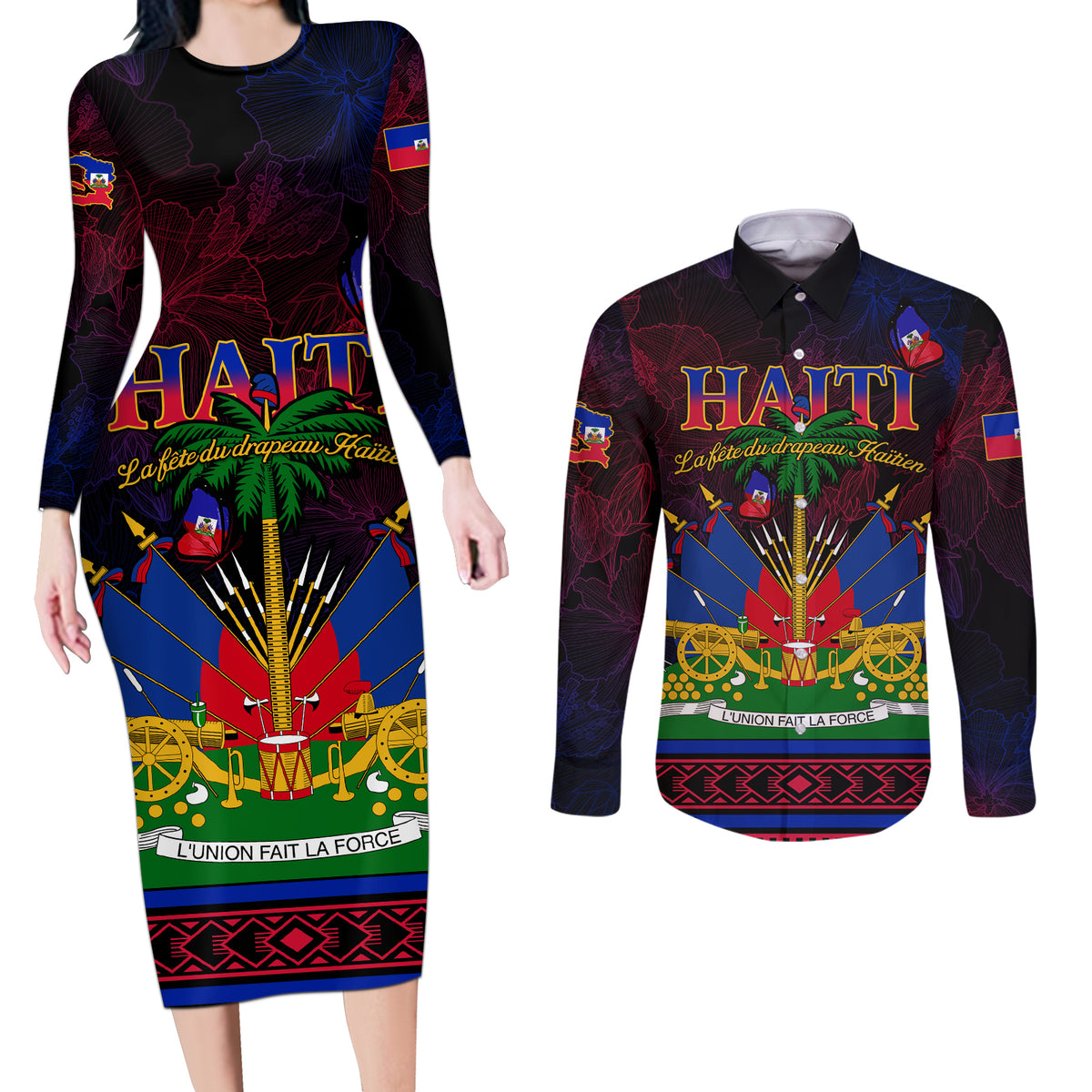 Haitian Flag Day Couples Matching Long Sleeve Bodycon Dress and Long Sleeve Button Shirt La fete du drapeau Haitien - Wonder Print Shop