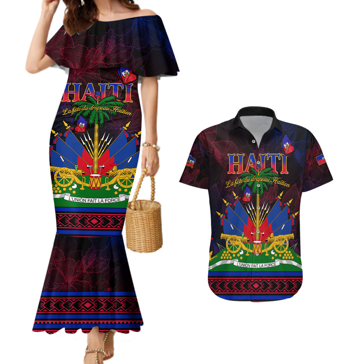 Haitian Flag Day Couples Matching Mermaid Dress and Hawaiian Shirt La fete du drapeau Haitien