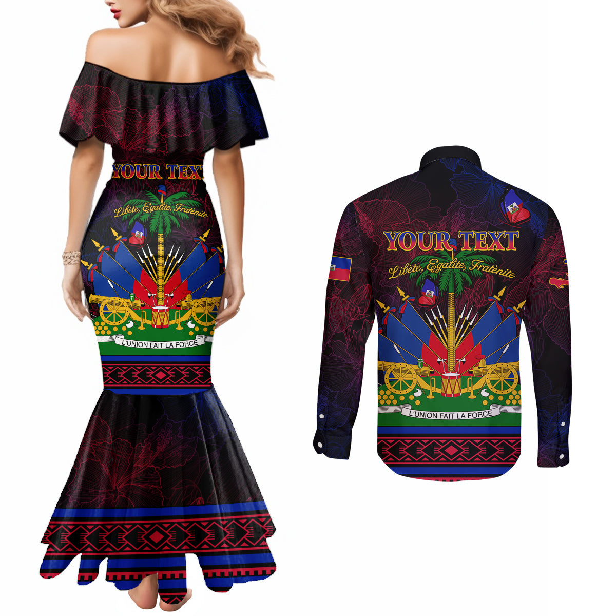 Haitian Flag Day Couples Matching Mermaid Dress and Long Sleeve Button Shirt La fete du drapeau Haitien