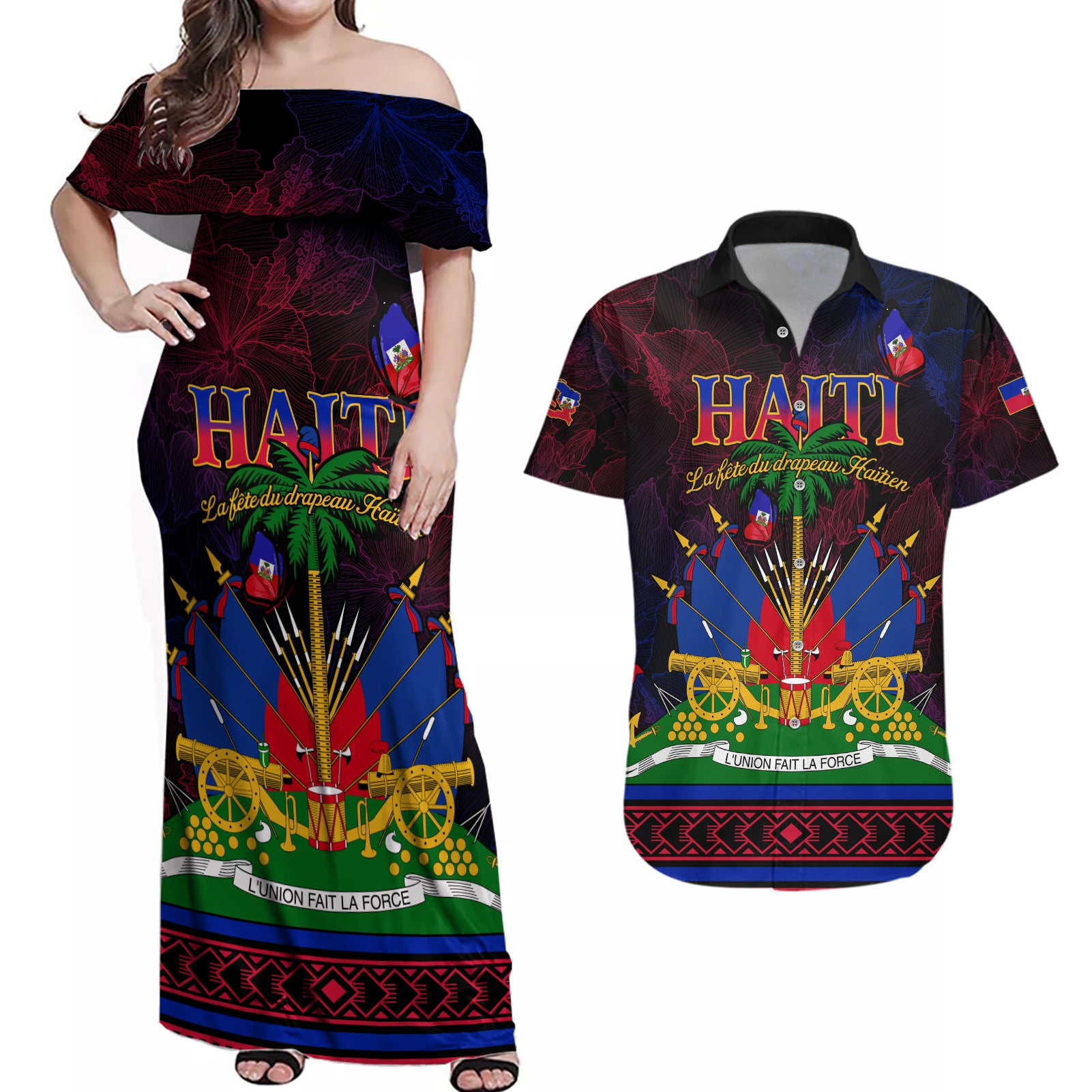 Haitian Flag Day Couples Matching Off Shoulder Maxi Dress and Hawaiian Shirt La fete du drapeau Haitien