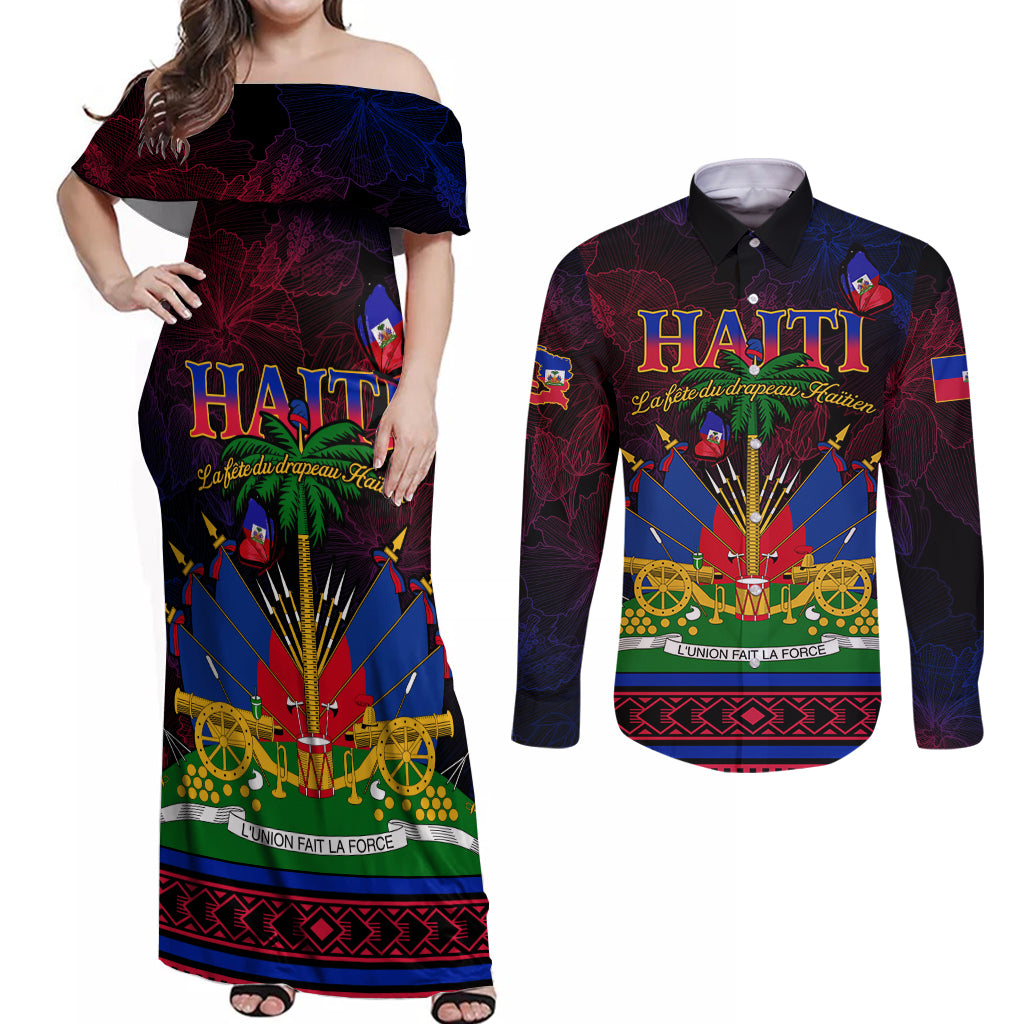 Haitian Flag Day Couples Matching Off Shoulder Maxi Dress and Long Sleeve Button Shirt La fete du drapeau Haitien - Wonder Print Shop