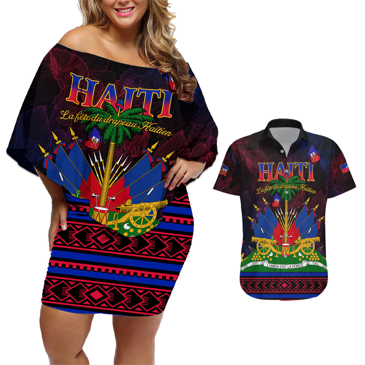 Haitian Flag Day Couples Matching Off Shoulder Short Dress and Hawaiian Shirt La fete du drapeau Haitien - Wonder Print Shop